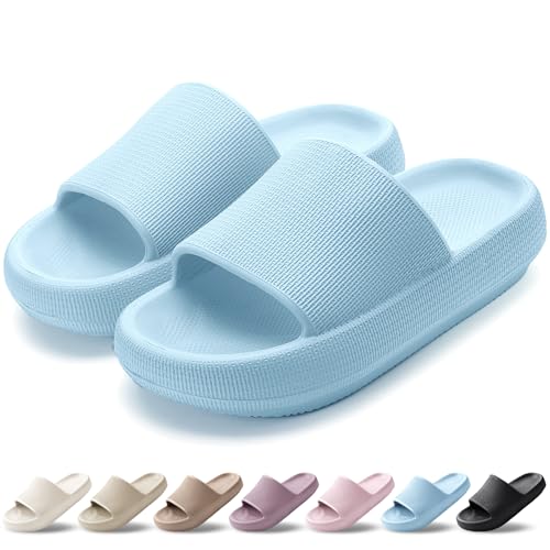 HEOAARG Badelatschen Herren Damen Rutschfest Badeschlappen Wolke Weich Schlappen Slippers Sommer Pantoletten Badesandalen Cozislides Flip Flops Innen/Außen，Hellblau，35-36 EU von HEOAARG