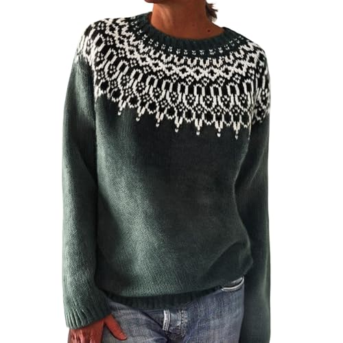 HEONSATI Pullover Damen Winter, Lässige modische Oberteile Sweatshirts Oversize Norweger Pullover Damen Strickpullover Rundhals Winter Warmer Tops Langarm Gestreiftes Oberteil Grobstrick Jumpers von HEONSATI