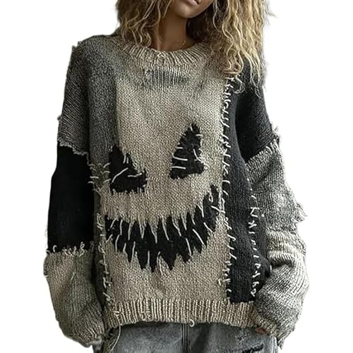 Halloween Kostüm Damen, Horrormuster Sweatershirt Langarm Rundhals Pulli Ohne Kapuze Oversize Locker Oberteil Modisch und Lässig Warmer Übergangs Pullover Retro-Patchwork-Pullover Party Strick Pulli von HEONSATI