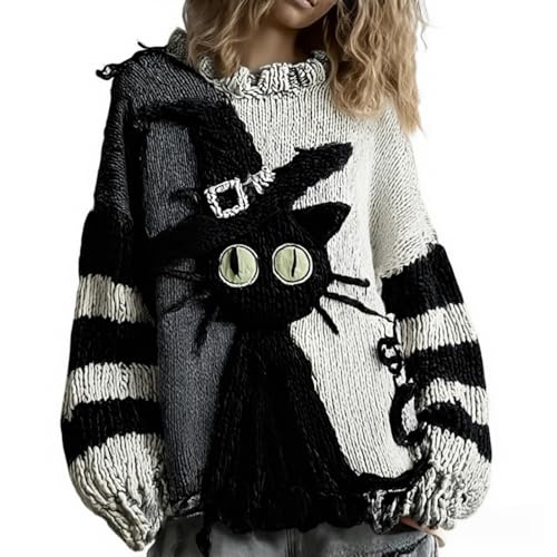 Halloween Kostüm Damen, Horrormuster Sweatershirt Langarm Rundhals Pulli Ohne Kapuze Oversize Locker Oberteil Modisch und Lässig Warmer Übergangs Pullover Retro-Patchwork-Pullover Party Strick Pulli von HEONSATI