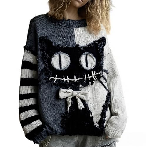 Halloween Kostüm Damen, Horrormuster Sweatershirt Langarm Rundhals Pulli Ohne Kapuze Oversize Locker Oberteil Modisch und Lässig Warmer Übergangs Pullover Retro-Patchwork-Pullover Party Strick Pulli von HEONSATI