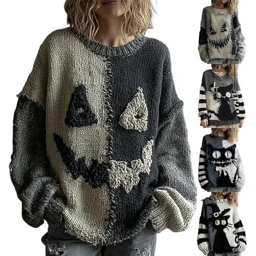 Halloween Kostüm Damen, Horrormuster Sweatershirt Langarm Rundhals Pulli Ohne Kapuze Oversize Locker Oberteil Modisch und Lässig Warmer Übergangs Pullover Retro-Patchwork-Pullover Party Strick Pulli von HEONSATI