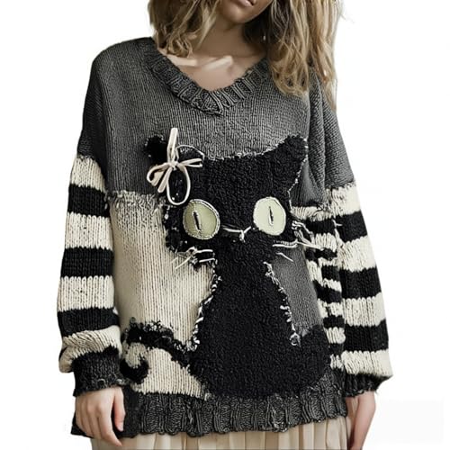 Halloween Kostüm Damen, Horrormuster Sweatershirt Langarm Rundhals Pulli Ohne Kapuze Oversize Locker Oberteil Modisch und Lässig Warmer Übergangs Pullover Retro-Patchwork-Pullover Party Strick Pulli von HEONSATI