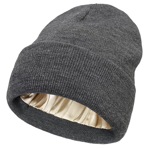 HEOUCH Mütze Damen, Beanie Herren, Unisex Wintermütze, Weichem Satin Gefütterte Unisex Dehnbar Mütz, Seidenfutter, Slouchy Beanie, Skimütze, Warme Beanie (DE/NL/SE/PL, Numerisch, 44, 48, Grau) von HEOUCH