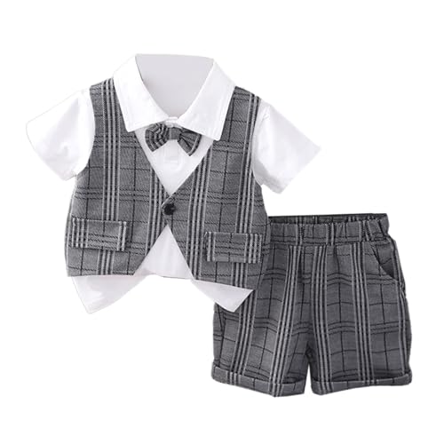 HEOXIN Baby Jungen Gentleman Anzug, Neugeborene Gentleman's Fliege Kariert Fälschung Zweiteilige Weste kurzen Ärmeln Kostüm, Grau Kleinkind Gentleman Outfit Dehnen Shorts Taschen, 2-3 Jahre von HEOXIN