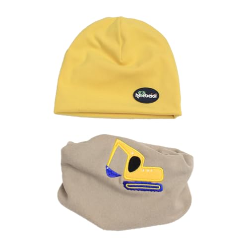 HEOXIN Baby Kinder Mütze Schal Set, Niedlich Beanie Mütze Hüte und Loop Schals, Babymütze und Schal mit Bagger, Herbst Winter Mütze Schal Set für 18-36 Monate Baby Mädchen Junge Unisex, Gelb L von HEOXIN