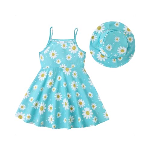 HEOXIN Baby Mädchen Kleid, Neugeborenen Blumen Gänseblümchen Muster Hosenträger Rundhalsausschnitt Passende Mütze Dress Clothes Rüschen Kleider Sommer Outfit Kleidung Clothes, Blau, 9-12 Monate von HEOXIN