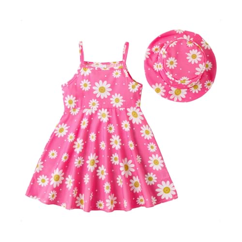 HEOXIN Baby Mädchen Kleid, Neugeborenen Blumen Gänseblümchen Muster Hosenträger Rundhalsausschnitt Passende Mütze Dress Clothes Rüschen Kleider Sommer Outfit Kleidung Clothes, Rosa, 12-18 Monate von HEOXIN