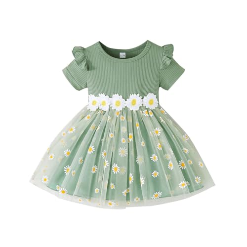 HEOXIN Baby Mädchen Kleid, Rüschen Rand Kurze Ärmel Blumen Gänseblümchen Muster gerippt Rundhalsausschnitt Masche Saum Baby Dress Clothes, Rüschen Kleider Kleidung Mädchen, Grün, 18-24 Monate von HEOXIN