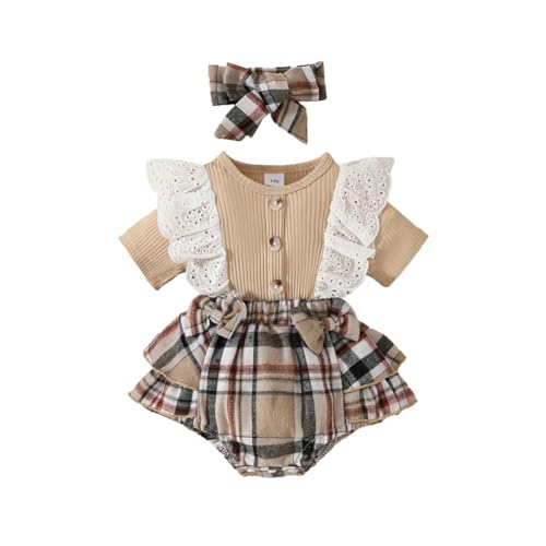 HEOXIN Baby Mädchen Kleid, Spitze Rüschen Rand Kurze Ärmel Snap Knopf Schritt Karo-Muster Rundhalsausschnitt Schleifenknoten Stirnband Baby Strampler Kleidung Set Kleider Clothes, Khaki, 12-18 Monate von HEOXIN