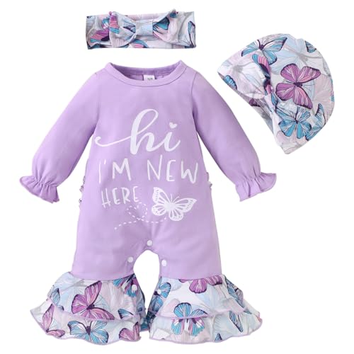 HEOXIN Baby Mädchen Kleidung, Neugeborenen Kleidung mit Hi I'm New Here Muster, Langarm Geraffte Baby Strampler Mütze und Stirnband Schmetterling Aufdruck, Neugeborene Outfit für 0 Monate, Lila von HEOXIN