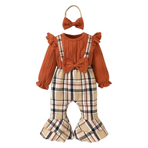 HEOXIN Baby Mädchen Kleidung Set, Neugeborenen Babykleidung Langarm Geraffte Strampler mit Bowknot, Outfits Body mit Plaid Flared Säume und Stirnband, Bekleidungssets für 6-9 Monate, Braun von HEOXIN