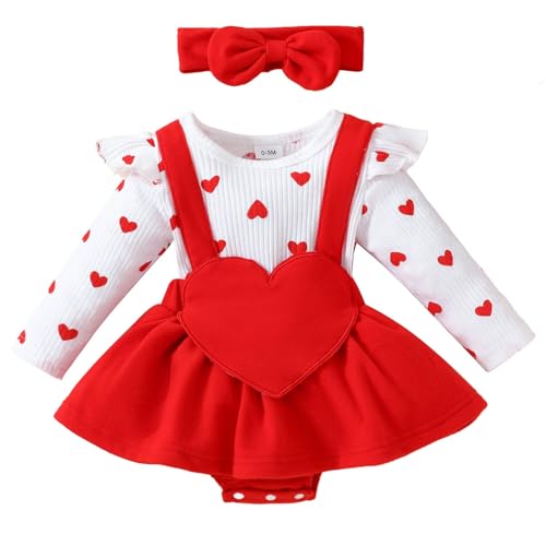 HEOXIN Baby Mädchen Kleidung Set, Neugeborenen Kleidung Langarm Geraffte Strampler, Baby Outfits Kleid mit Herz-Muster und Stirnband mit Bowknot, Bekleidungssets für 6-9 Monate, Rot von HEOXIN