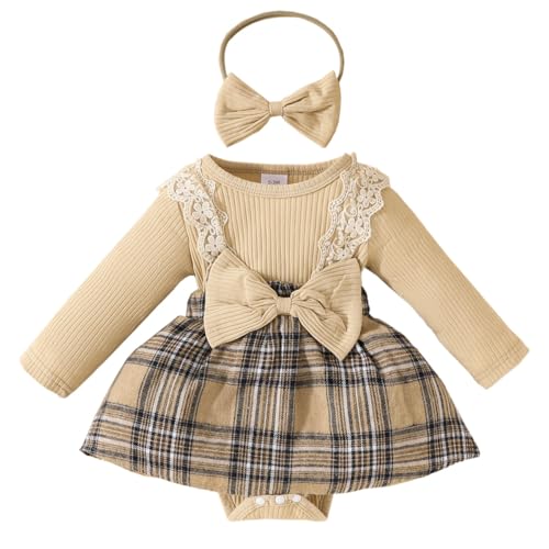 HEOXIN Baby Mädchen Kleidung Set, Neugeborenen Kleidung Langarm Geraffte Strampler, Baby Outfits Plaid Kleid mit Bowknot Stirnband, Bekleidungssets für 3-6 Monate, Aprikose von HEOXIN
