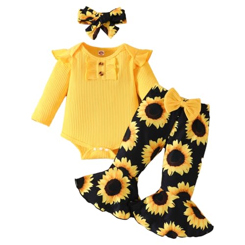HEOXIN Baby Mädchen Kleidung Set, Neugeborenen Kleidung Langarm Geraffte Strampler, Outfits Body Ausgestellte Hose mit Bowknot und Sonnenblumen-Muster Stirnband, Bekleidungssets für 3-6 Monate, Gelb von HEOXIN