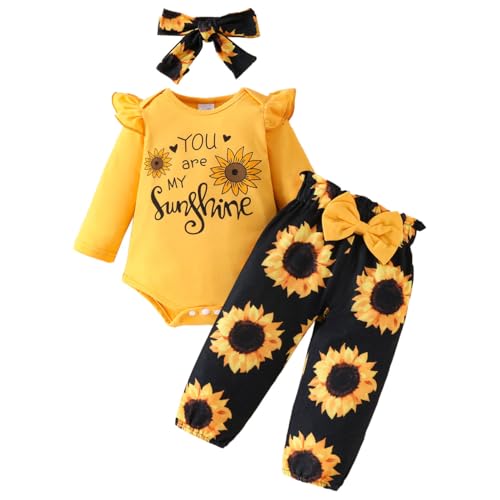 HEOXIN Baby Mädchen Kleidung Set, Neugeborenen Kleidung mit You are My Sunshine Muster, Langarm Geraffte Strampler Body Hose mit Bowknot und Sonnenblumen-Muster, Bekleidungssets für 9-12 Monate, Gelb von HEOXIN