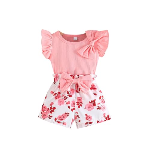 HEOXIN Baby Mädchen Kleidung Sets, Rüschen Rand Kurze Ärmel Rundhalsausschnitt Schleifenknoten Dekorative Blumen Muster Dehnen Shorts, Sommerkleidung Set Klamotten Mädchen, Rosa, 2-3 Jahre von HEOXIN