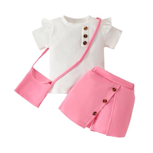 HEOXIN Baby Mädchen Kleidung Sets, Ruffle Edge Kurze Ärmel Knopf Dekoration Dehnen Hosenrock Outfits, Passende Cross-Body Bag Sommerkleidung Set Girl Clothes Klamotten Mädchen, Rosa, 2-3 Jahre von HEOXIN