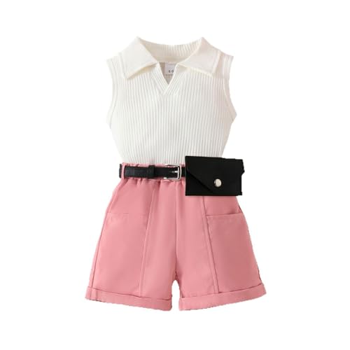 HEOXIN Baby Mädchen Kleidung Sets, V Ausschnitt Polo Kragen Ärmellos Gerippte Weste Dehnen Shorts mit Taschen Outfits, Passende Gürtel Geldbörse Sommerkleidungs-Sets Mädchen, Rosa, 2-3 Jahre von HEOXIN