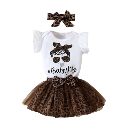 HEOXIN Baby Mädchen Kleidung Sets Neugeborenes Rüschen Kurze Ärmel Snap Knopf Schritt Bodysuit Schleifenknoten Dehnen Leopardenmuster Netz Rock Stirnband Sommer Outfit Babykleidung Braun 18-24 Monate von HEOXIN