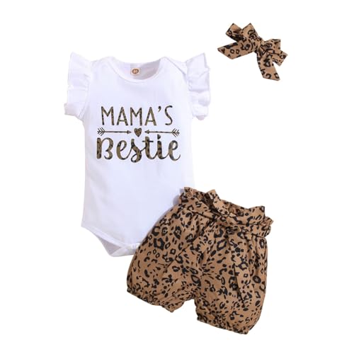 HEOXIN Baby Mädchen Kleinkind Kleidung Set, Neugeborenen Kleidung Rüschen Kurzarm Bodysuit Bowknot Taille Leopard Print Shorts Snap Knopf Schritt Stirnband Sommer Tiny Girls Outfit Braun 18-24 Monate von HEOXIN