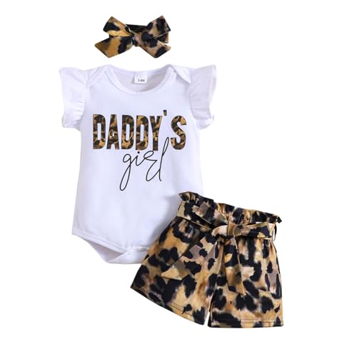 HEOXIN Baby Mädchen Kleinkind Kleidung Set Neugeborenen Kleidung Rüschen Kurzarm Bodysuit Bowknot Taille Tie-Dye Leopard Print Shorts Snap Knopf Schritt Stirnband Sommer Outfit Braun 9-12 Monate von HEOXIN