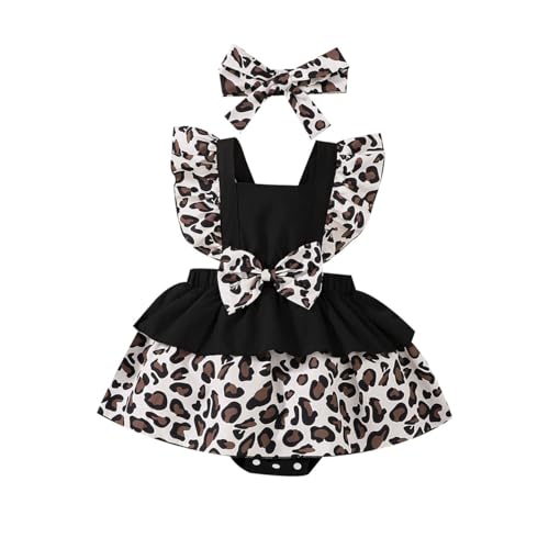 HEOXIN Baby Mädchen Leopard Print Hosenträger Kleid Bowknot Stirnband Kleiderset, ärmellos Rundhalsausschnitt Strampler A-Linie Rückenfreies Prinzessinnenkleid für Geburtstag 3-6 Monate, Schwarz von HEOXIN