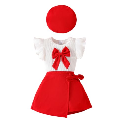 HEOXIN Baby Mädchen Röcke Kleidung Set, Neugeborene Baby Fliegend Ärmel Groß Schleifenknoten Dekoration Bekleidungssets, Baby Klamotten Rot Dehnbar Elastic Rock Baby Mütze Outfit Set, 2-3 Jahre von HEOXIN