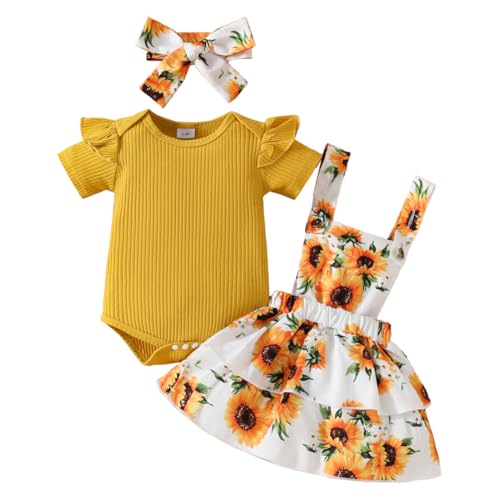 HEOXIN Baby Mädchen Röcke Kleidung Set, Neugeborene Baby Rüschenkante Kurze Ärmel Druckknopf Schritt, Baby Sonnenblume Dehnbar Hosenträger Button Röcke Schleifenknoten Stirnband Outfit, 0-3 Monate von HEOXIN