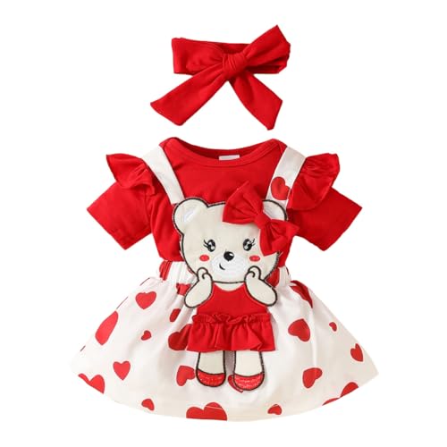 HEOXIN Baby Mädchen Röcke Kleidung Set, Neugeborenes Baby Rüschenkante Kurze Ärmel Druckknopf Schritt, Red Love Bear Dehnbar Hosenträger Button Röcke Schleifenknoten Stirnband Outfit, 0-3 Monate von HEOXIN