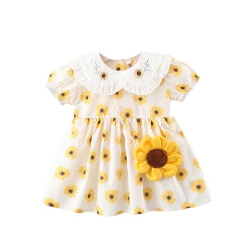 HEOXIN Baby Mädchen Sonnenblume Prinzessin Kleid, Kurzärmelig Knopf Blumendruck A-Linie Kleider mit Puppenkragen Sonnenblumentasche für Baby Strand Geburtstag Shooting 1-2 Jahre, Gelb von HEOXIN