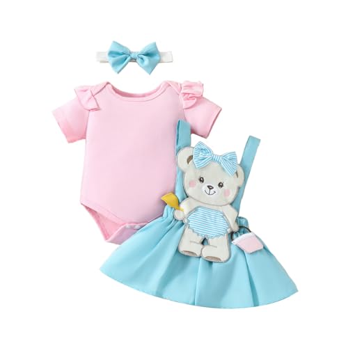 HEOXIN Baby Mädchen Strampler Bär Besticktes Hosenträgerkleid Bowknot Stirnband Kleiderset, Flying Sleeve Rundhalsausschnitt Strampler Top mit Bärendruck A-Linie Prinzessin Kleid für 6-9 Monate, Rosa von HEOXIN