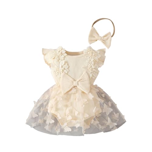 HEOXIN Baby Mädchen Strampler Kleid, Rüschen Ärmellos Kleid aus Mesh Tüll mit 3D Schmetterlings + Stirnband Schleife, Neugeborenen Kleidung Mädchen für Sommer, Weiß 3-6 Monate von HEOXIN