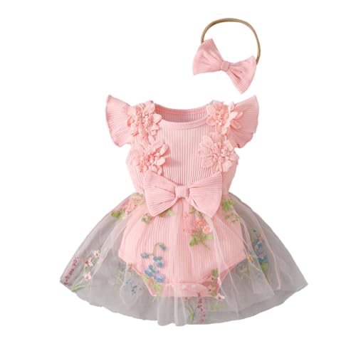 HEOXIN Baby Mädchen Strampler Kleid, Rüschen Ärmellos Kleid aus Mesh Tüll mit Blumenstickerei + Stirnband Schleife, Neugeborenen Kleidung Mädchen für Sommer, Rosa 0-3 Monate von HEOXIN