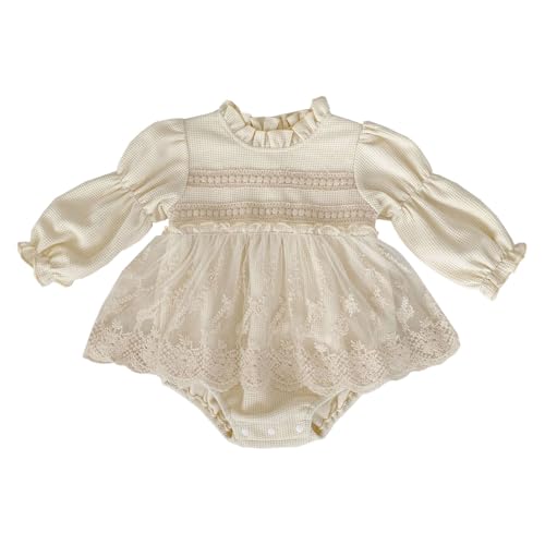 HEOXIN Baby Mädchen Waffel Strampler, Neugeborenes Tutu Kleid Spitze Stickerei Prinzessin Kleider mit Zurück Knopf, Mesh Tulle Bodysuits mit Puffärmel Einteiliges Kleid für 3-6 Monate, Apricot von HEOXIN