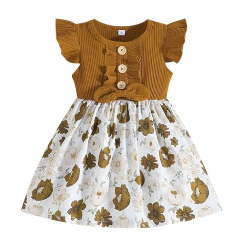 HEOXIN Babykleidung Kleid Mädchen, Flying Sleeve Knopf Dekoration Rundhalsausschnitt Floral Frilly Braun Baby Kleider, Neugeborene Clothes Rippenstrickkleid für Baby-Mädchen, 18-24 Monate von HEOXIN