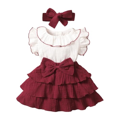 HEOXIN Babykleidung Kleid Mädchen, Neugeborene Flying Sleeve Schleifenknoten Colour Blocking Frilly Baby Kleider mit Stirnband für Bekleidungssets, Baby Clothes Rotes Kleid Baby-Mädchen, 3-6 Monate von HEOXIN