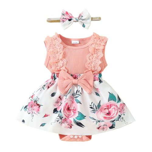 HEOXIN Babykleidung Kleid Mädchen, Spitze ärmellos Druckknopf im Schritt Großer Schleifenknoten Rundhalsausschnitt Baby Clothes mit Stirnband Kleid Outfit Set, Rosa Rüschenkleider, 6-9 Monate von HEOXIN