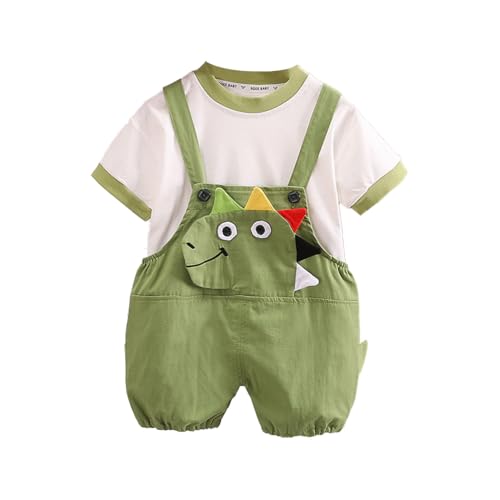 HEOXIN Kinder Babykleidung Jungen, Jungen Kurzarm T-Shirt + Hosenträger Shorts mit 3D Dinosauriermuster Anzug, Dino Kleidung Jungens Anzug Sommer Outfit Junge zum Geburtstag, Grün 5-12 Monate von HEOXIN