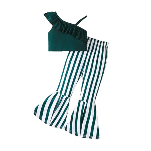 HEOXIN Kinder Mädchen Kleidung Sets, 2 Stück Gestreifte Schlaghose Rüschenkragen Hosenträger Ärmelloses Top Outfits, Sommer Kleidung Hosen Sets Girl Clothes Kleinkind Mädchen, Grün, 6 Jahre von HEOXIN