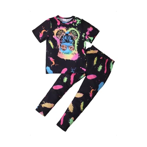 HEOXIN Mädchen Kleidung Sets, Bekleidungssets Sommer 2 Pieces Kinder Krawatten-Farbstoff Elastic Waist Hose Hip Hop Kurzarm Tops Street Dance Outfits, Summer Clothes Dancewear, Schwarz, 10-11 Jahre von HEOXIN