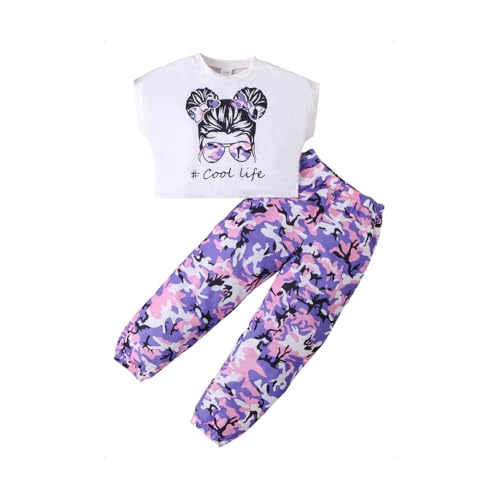 HEOXIN Mädchen Kleidung Sets, Bekleidungssets Sommer Kinder Camouflage Print Elastic Waist Hose mit Taschen Hip Hop Crop Top Street Dance Outfits, Summer Clothes Set Dancewear, Lila, 7-8 Jahre von HEOXIN