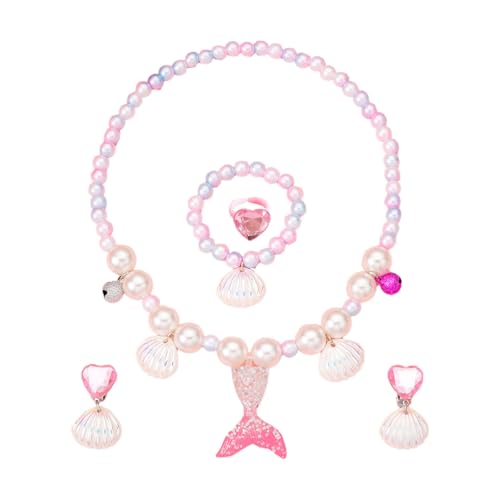 HEOXIN Mädchen Meerjungfrau Schmuck Sets, Halskette Ohrring Armband Ring Set, Fischschwanz Perle Muschel Elastische Schnur Glocke Einstellbar, für Kleinkind Kleines Prinzessin Mädchen, Rosa von HEOXIN