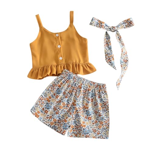 HEOXIN Mädchen Sommer Button Top Blumenshorts Verstellbare Träger Kleidung Set, ärmellose Tanktops mit Gerüschtem Saum, Blumendruck Hose mit Elastischer Taille für Kinder Schießen 6-7 Jahre, Gelb von HEOXIN
