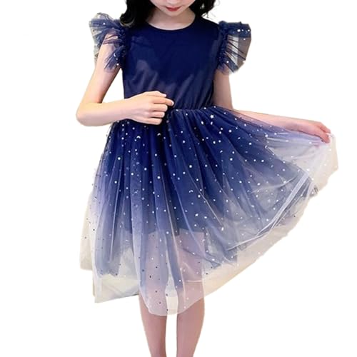 HEOXIN Mädchen Sommer Star Gradient Netz Tulle Kleid, Geraffte Ärmel A-Linie Prinzessin Kleider, Rundhalsausschnitt Swing Kleid Holiay Geburtstag Party für Kinder 8-9 Jahre, Blau von HEOXIN