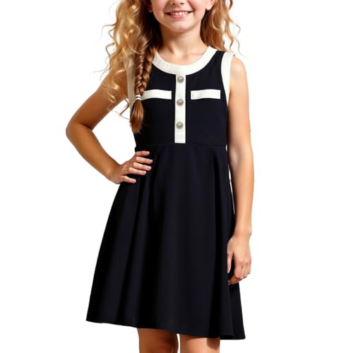 HEOXIN Mädchen ärmellos A-Linie Kleid, Sommer Knöpfe Prinzessin Kleider, Rundhalsausschnitt Swing Kleider Holiay Geburtstag Party für Kinder Shooting 10-11 Jahre, Schwarz von HEOXIN