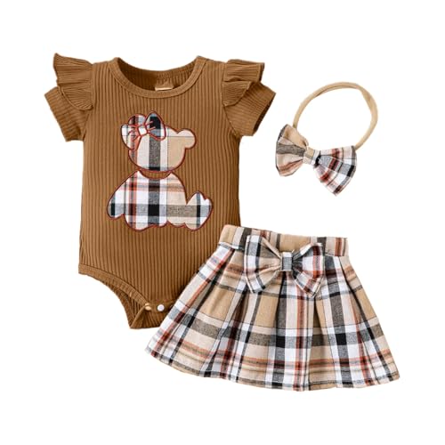 HEOXIN Neugeborenen Kleidung für Mädchen Rüschen Kurzen Ärmeln Strampler mit Bärenmuster + Karierter Rock + Stirnband Set, Säugling Babykleidung Mädchen Set für den Sommer, Braun 6-9 Monate von HEOXIN