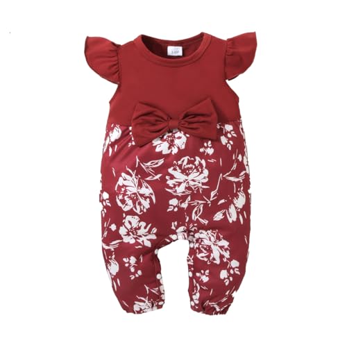 HEOXIN Neugeborenes Baby Mädchen Blumenstrampler, Kleinkinder Rüschen Strampler mit Taille Schleife, Kurzarm Elastische Taille Sommer Overall für Baby-mädchen Junge 3-6 Monate, Rot von HEOXIN