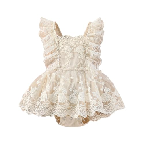 HEOXIN Neugeborenes Baby Mädchen Bodysuit, Kleinkind Spitze Blume Stickerei Tutu Kleid, ärmellos A-Linie Rückenfrei Prinzessin Kleid mit Verstellbaren Trägern für 6 Monate-1 Jahre, Khaki von HEOXIN