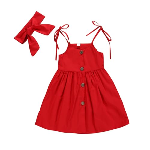HEOXIN Neugeborenes Baby Mädchen Knopfkleid, Säugling ärmellose Hosenträger Prinzessin Kleid mit Verstellbaren Schultergurten Bowknot Stirnband für Shooting Geburtstag 1-2 Jahre, Rot von HEOXIN